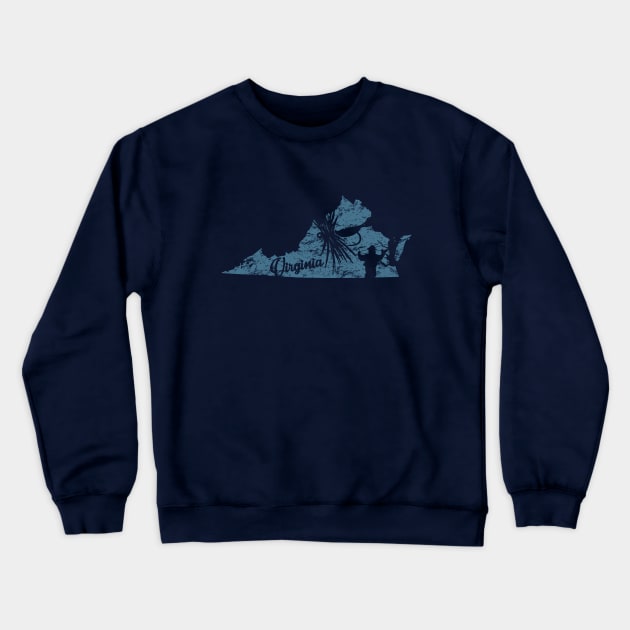 Virginia Vintage Distressed Fly Fishing State Map Crewneck Sweatshirt by TeeCreations